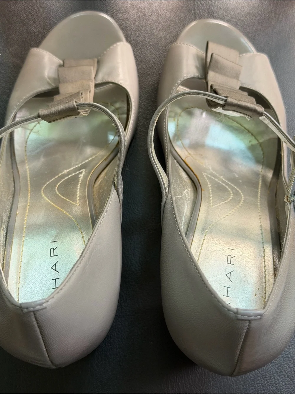 Tahari Gray Mary Peep-Toe T-Strap Heels with Ruffle Accent